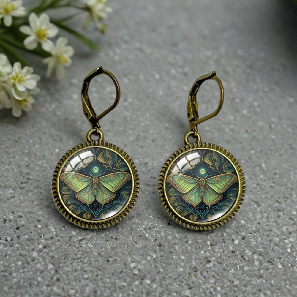 Moth, Green Leaves, And Picture Round Hook Earrings Party Gift For