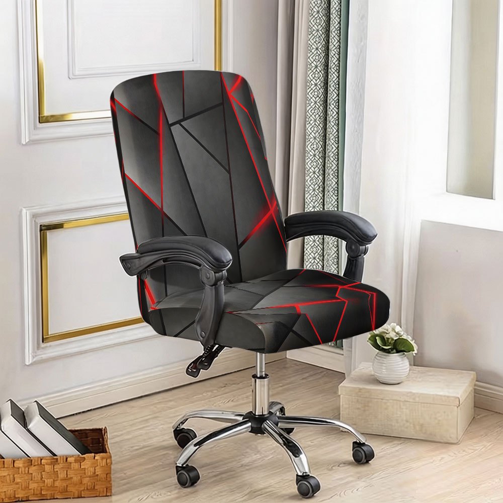 TEMU 1 Set Red-black Geometric Crack Print Stretch Milk- Fabric Chair Cover Suitable For Office, Gaming Chairs, Removable Zippered Slipcover, Machine