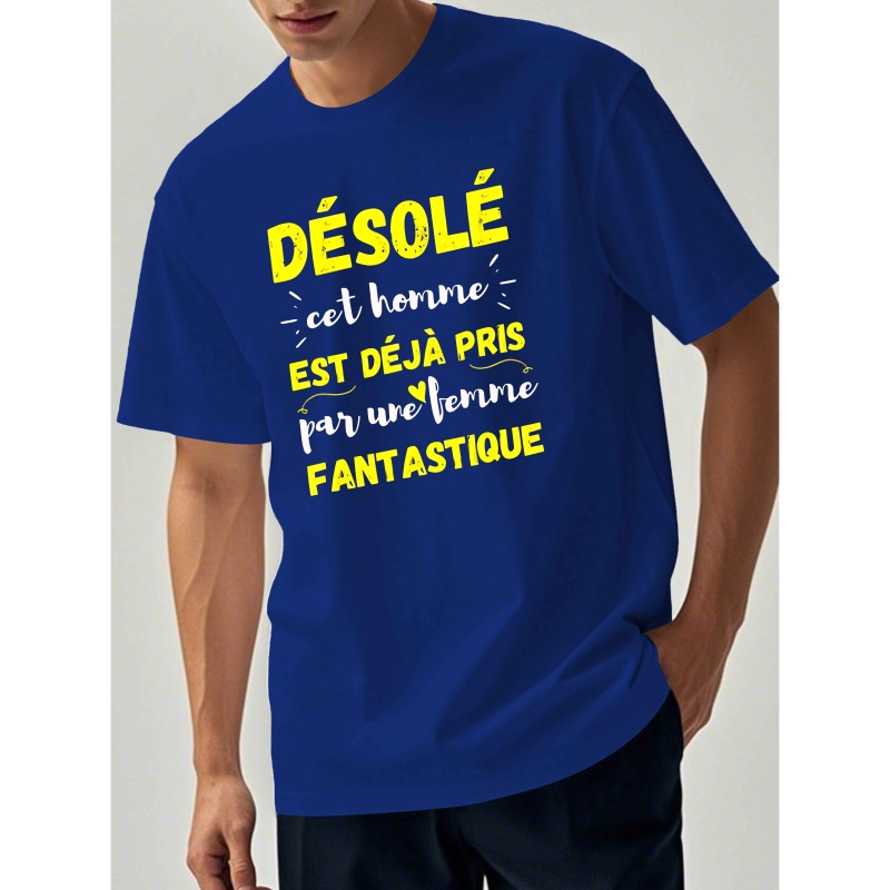 

T-shirt décontracté à française pour hommes, col rond 100% polyester, motif géométrique, tissu tricoté légèrement extensible, coupe régulière, 150 g/m², haut d'été