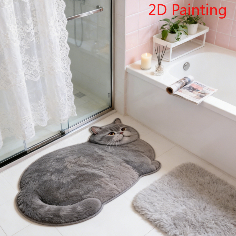 E-shop Unregelmäßig geformter Kunst-Kaschmir-Teppich, geeignet für Schlafzimmer/Wohnzimmer – Entzückender Teppich mit Katze mit geneigtem Kopf,