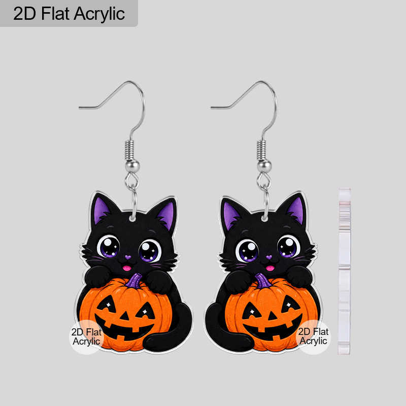 TEMU 2d Flat, Cute Cat & Pumpkin Acrylic Earrings Compatible For - Lightweight Suitable For Halloween Parties, Costume Jewelry, Trick-or-treat