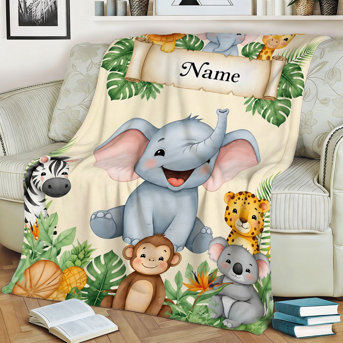 Custom Name Jungle Elephant Flannel Blanket, All-Season