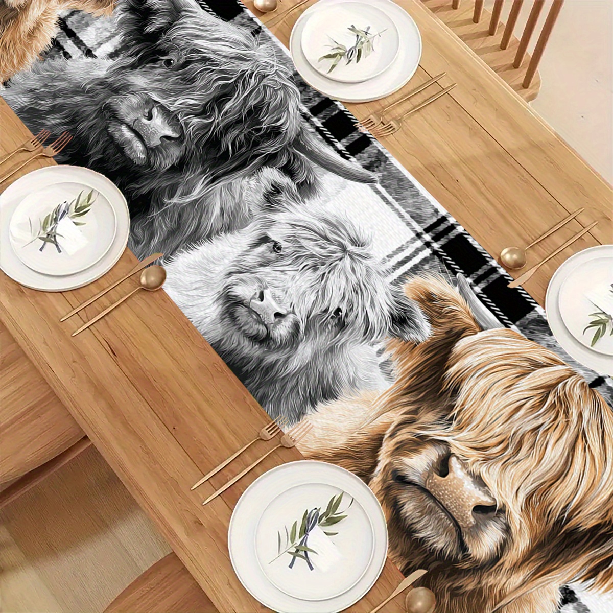 E-shop 1 Stück Hochlandrind Tischläufer, Realistischer Stil mit warmem Braunton, Vintage-Charme inspiriert von Tierkultur, einzigartiges Kunstdesign,