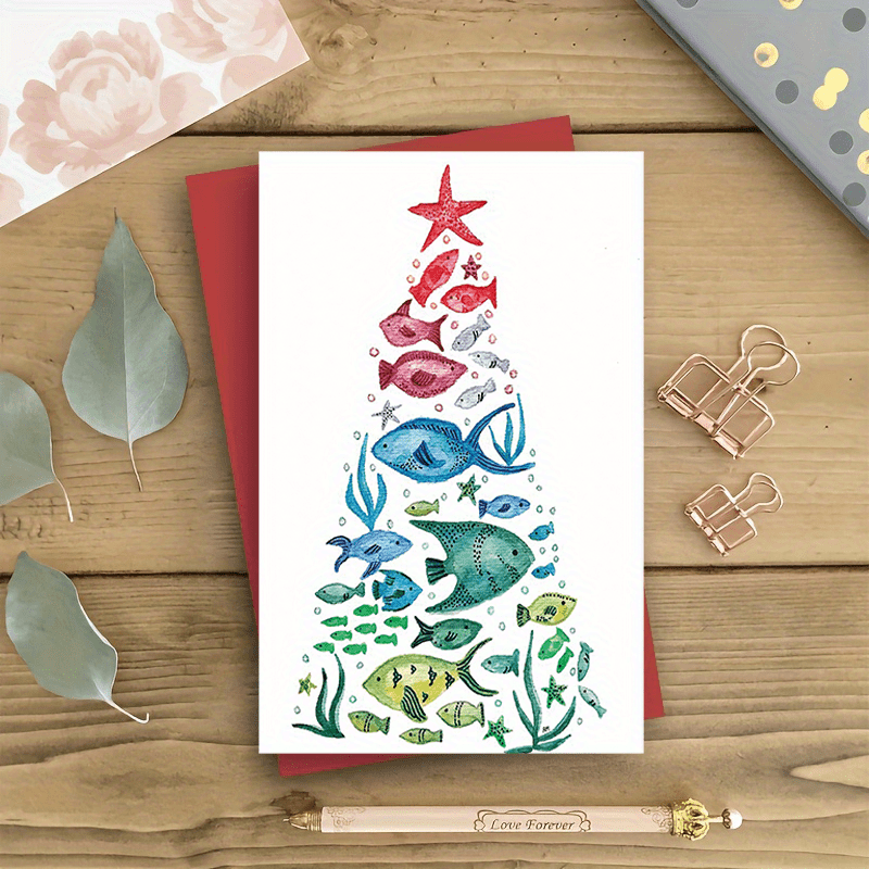 TEMU 1pc Christmas Card Christmas Tree Watercolor Design Marine Theme Holiday Greeting Card Gift For Scuba Divers Beach Lovers Blank Inside Red