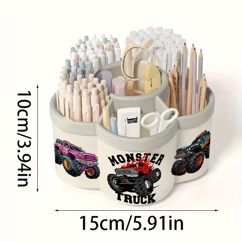 TEMU 2d Flat Printing 1pc Rotating Pen Holder And Cosmetic Storage Box | 3 Flame-themed Monster Trucks - 360Â° Rotating Convenient Desktop Storage Box