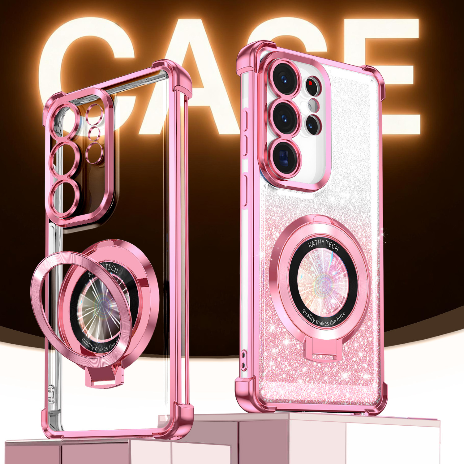 TEMU Phone Case - (1pc) Gradient Glitter Transparent Case, Electroplated Corner Protection Frame, Magnetic Ring Stand Kickstand, Full , Anti-drop