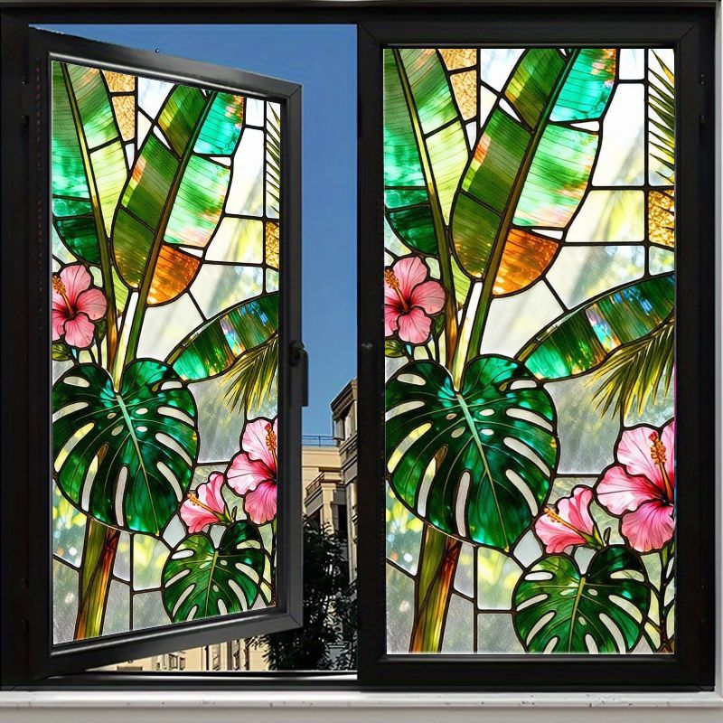 TEMU 1pc Tropical Stained Glass Window Film, Privacy Window Cling With Hibiscus And Monstera Leaves Pattern, Static Cling Non-adhesive Decorative