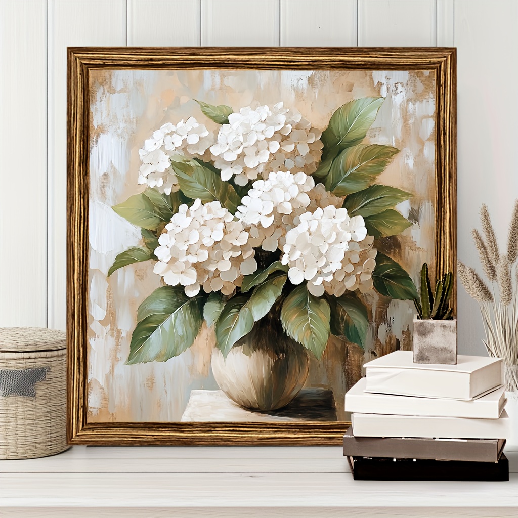 TEMU 2d Flat 8x8 Inch Square Wooden Wall Decor - Elegant White Hydrangea Bouquet With A Golden Decorative Frame, Modern Home Decoration Suitable For