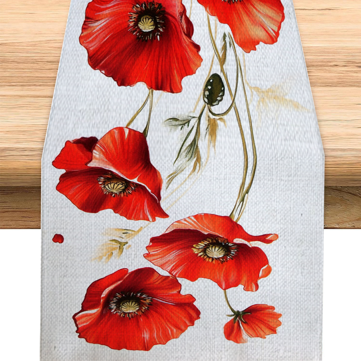 

Autumn & Hedgehog Table Runner - Cozy Polyester Fabric With Red Poppies Design, Dining Table Decor, Home , And Party Accents