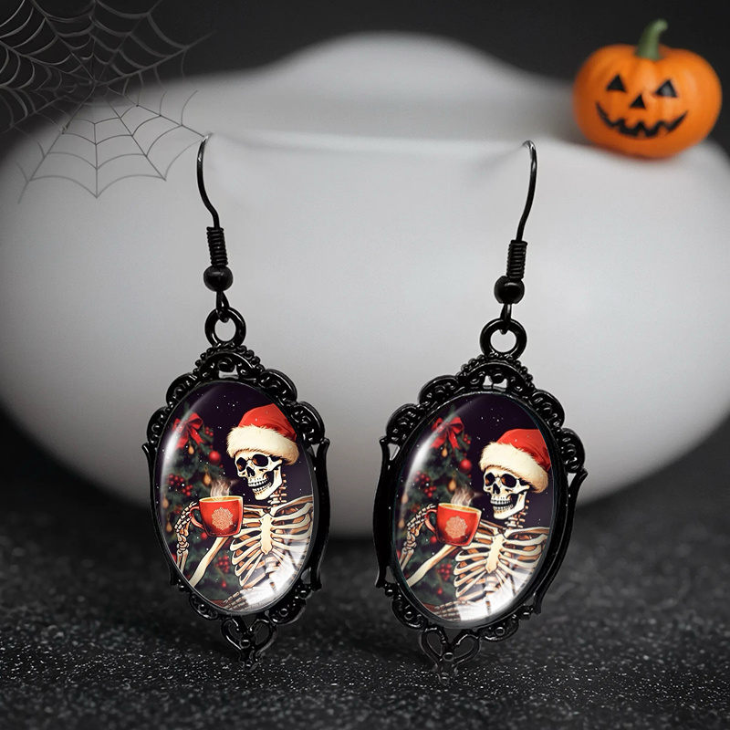 TEMU 1 Pair Merry Christmas Skull Black Lace Oval Earrings Handmade Ear Jewelry Gift