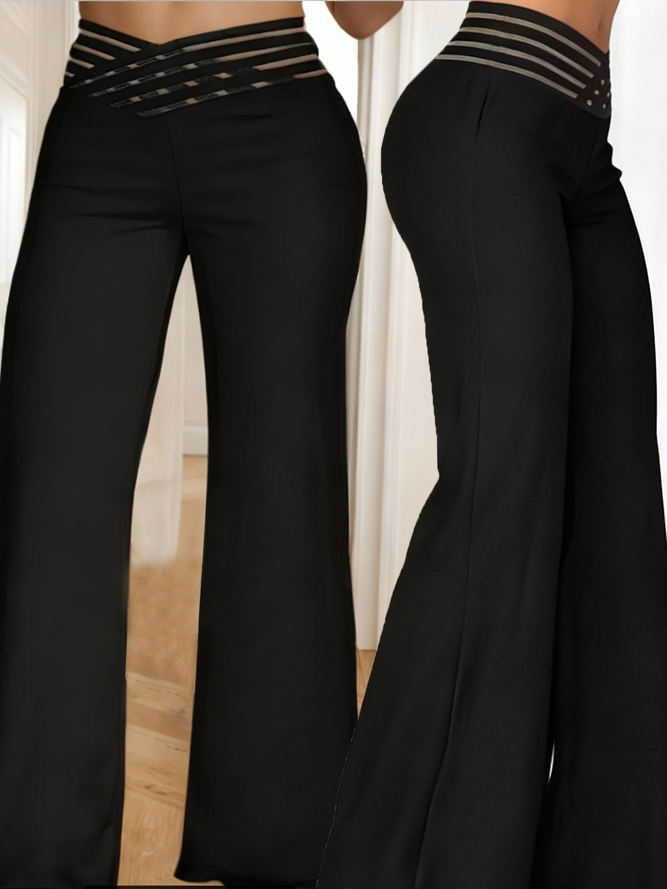 Women'S Cross-Waist Straight Pants with Mesh Design, Suitable for Outings And Dates, These Solid Color Slightly Stretchy Casual Trousers