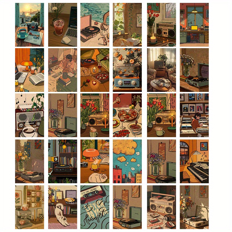 E-shop 30 Stück Cartoon Retro Musikinstrumente, einfache und wunderschöne Karton-Postkarten, Wohnzimmer, Schlafzimmer, Büro-Wanddekoration, ideales