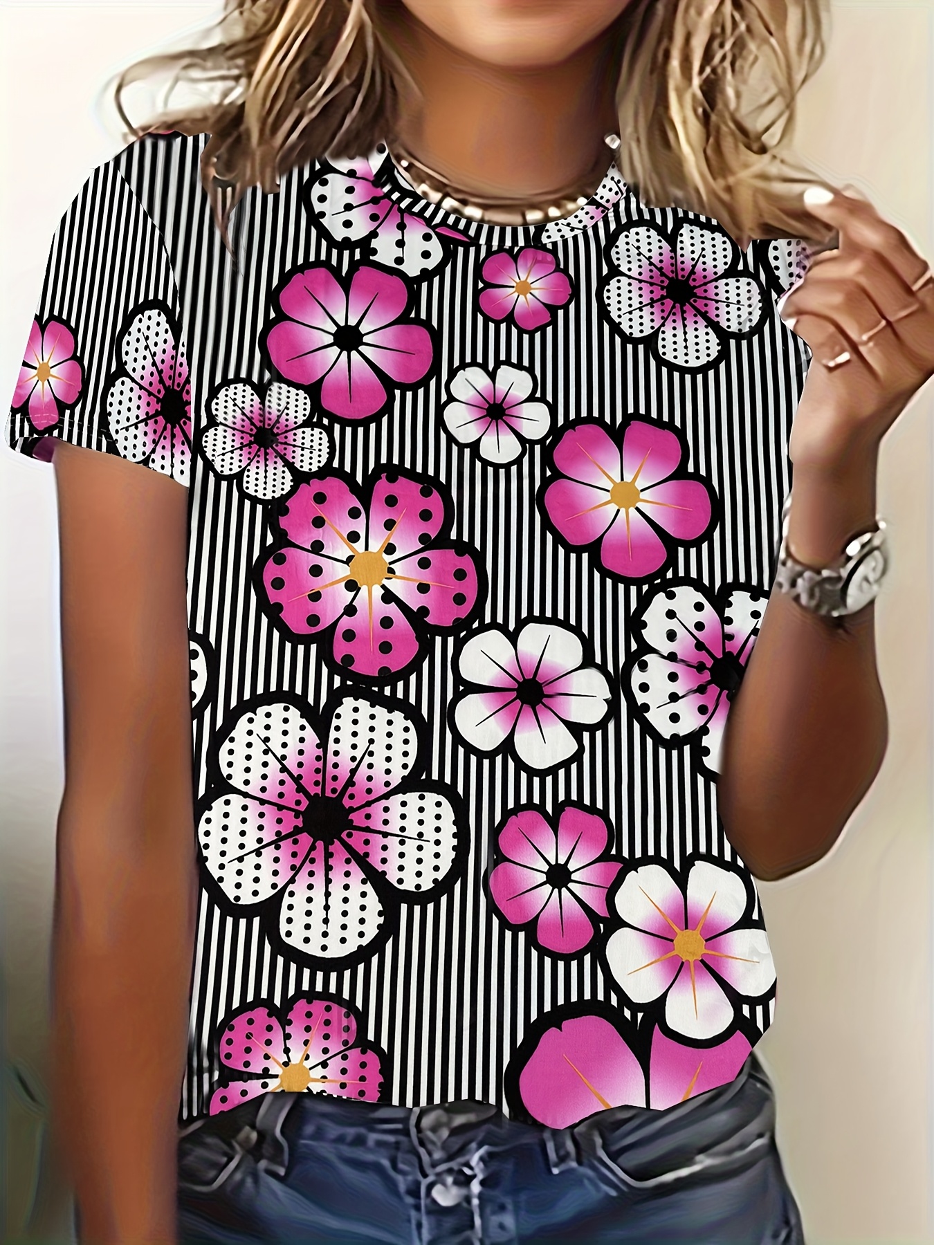 imagen del artículo talla  , camiseta floral compatible con tallas   para mujer - top elástico de manga corta y cuello  ,   no transparente, lavable a máquina,   para superponer en  /otoño, ropa casual y semiformal