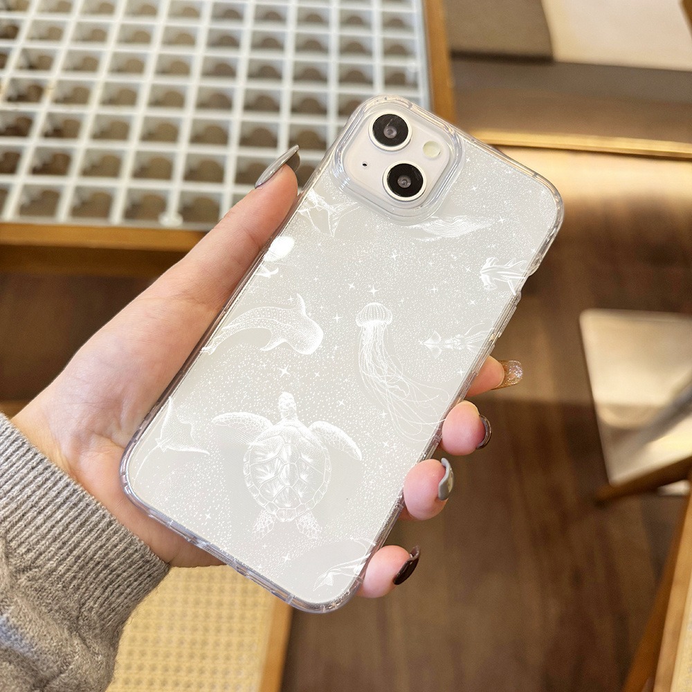 TEMU Coque de téléphone : 1 coque de téléphone transparente à paillettes avec motif de feu marin, tortue de mer, , compatible avec iPhone