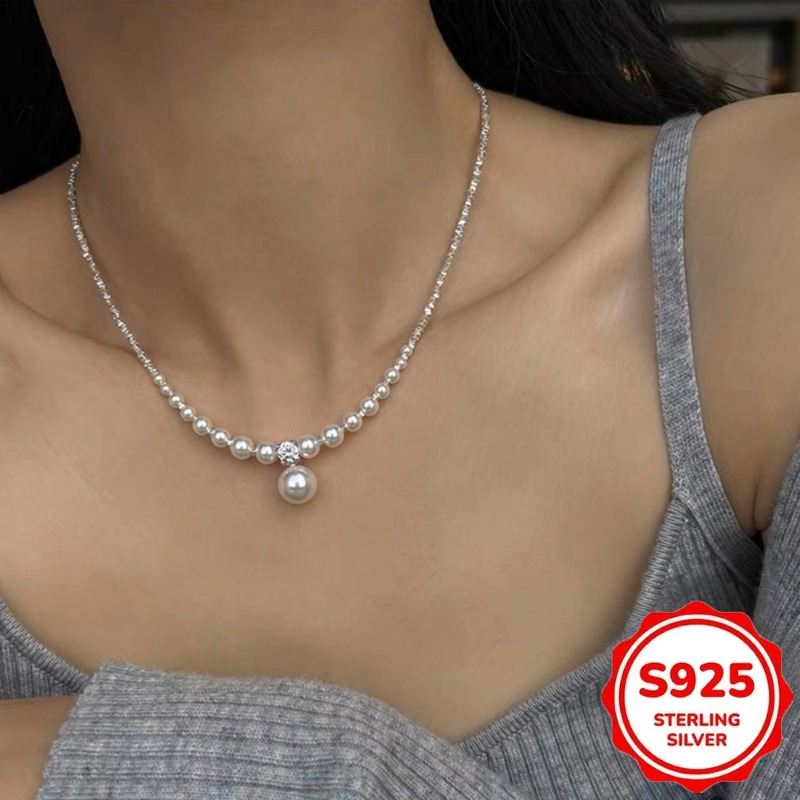 TEMU [925 Silver Necklace] 925 Sterling Silver Freshwater Shell Pearl Original Handmade Design Necklace, Retro Luxurious Elegant Adjustable Sweater