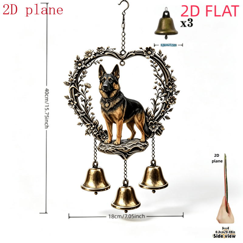 TEMU Heart-shaped Vintage Floral German Shepherd Wind Chime 2d Flat Acrylic Hanging Ornament, With 3pcs Vintage Bells, Hand Assembled Wind Chime,