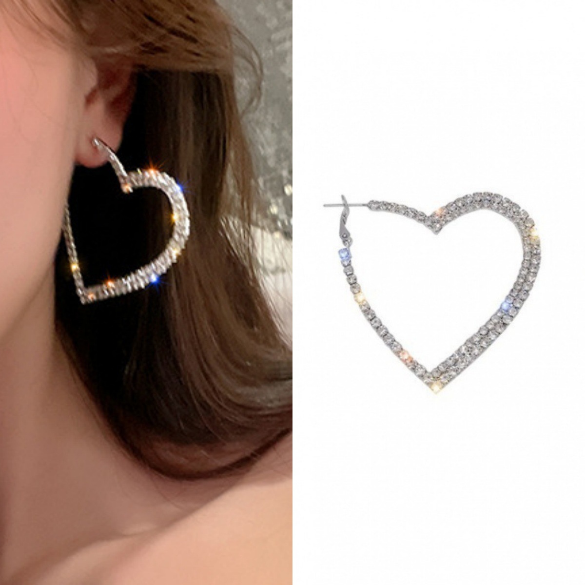 TEMU 1 Pair, Heart-shaped Large Hoop Earrings, With Rhinestones, Statement Fashion Jewelry, Exaggerated Personalized Style, Women's Glittering