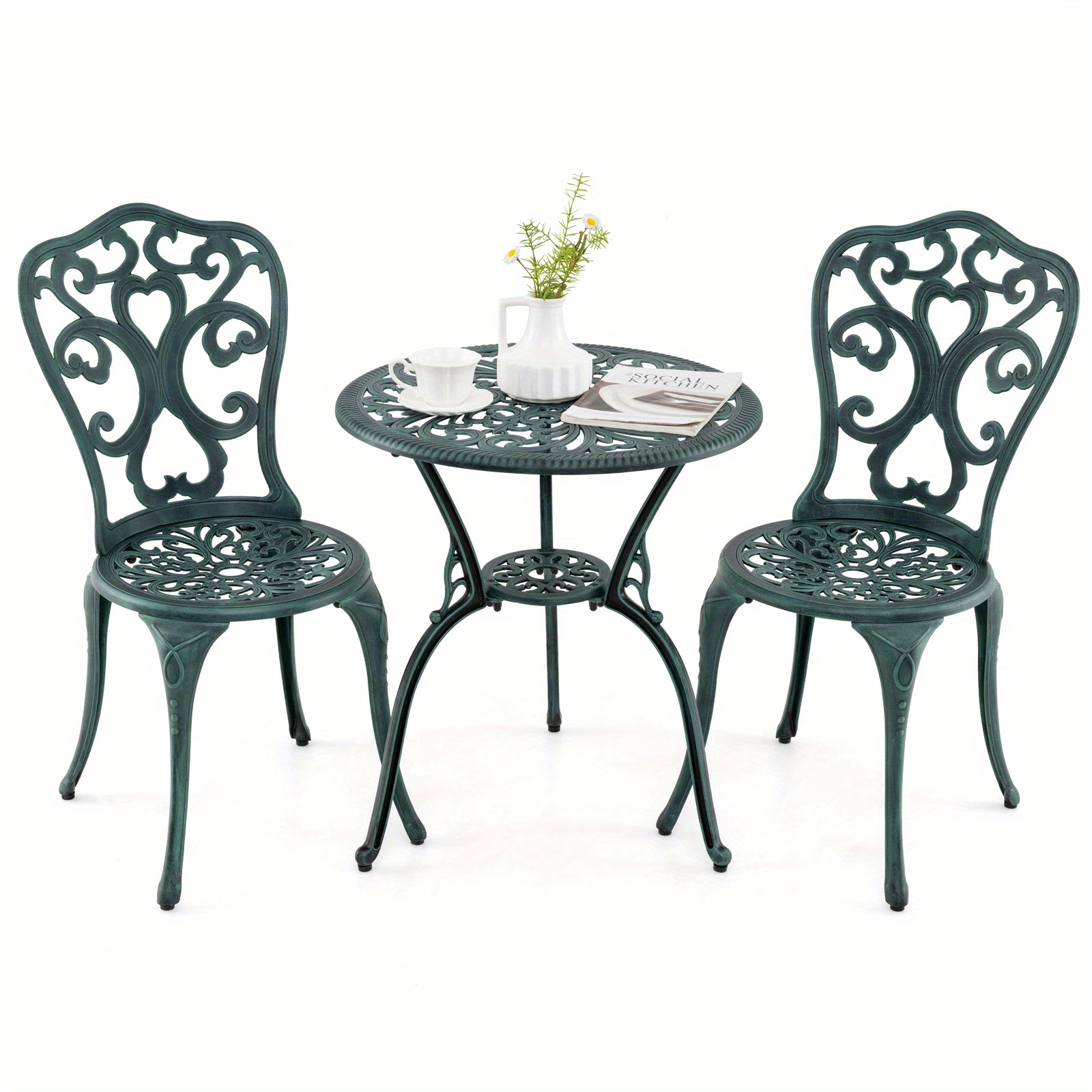 3pcs Outdoor Set - Heavy-duty Cast Aluminum Table & Chairs Suitable For Front Porch,, Poolside - Compact Dining Table With Umbrella Compatibility, Assembly (s)
