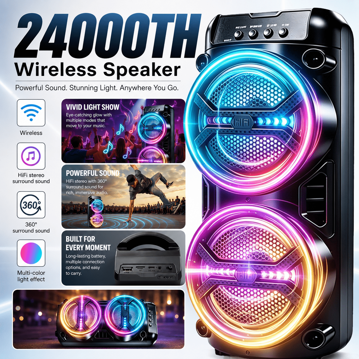 TEMU 24000th Portable Wireless Bluetooth Speaker, Stereo , Color-changing Led Light, Bluetooth 5.3, Tws Pairing, Fm Radio, Tf & Usb For Outdoor