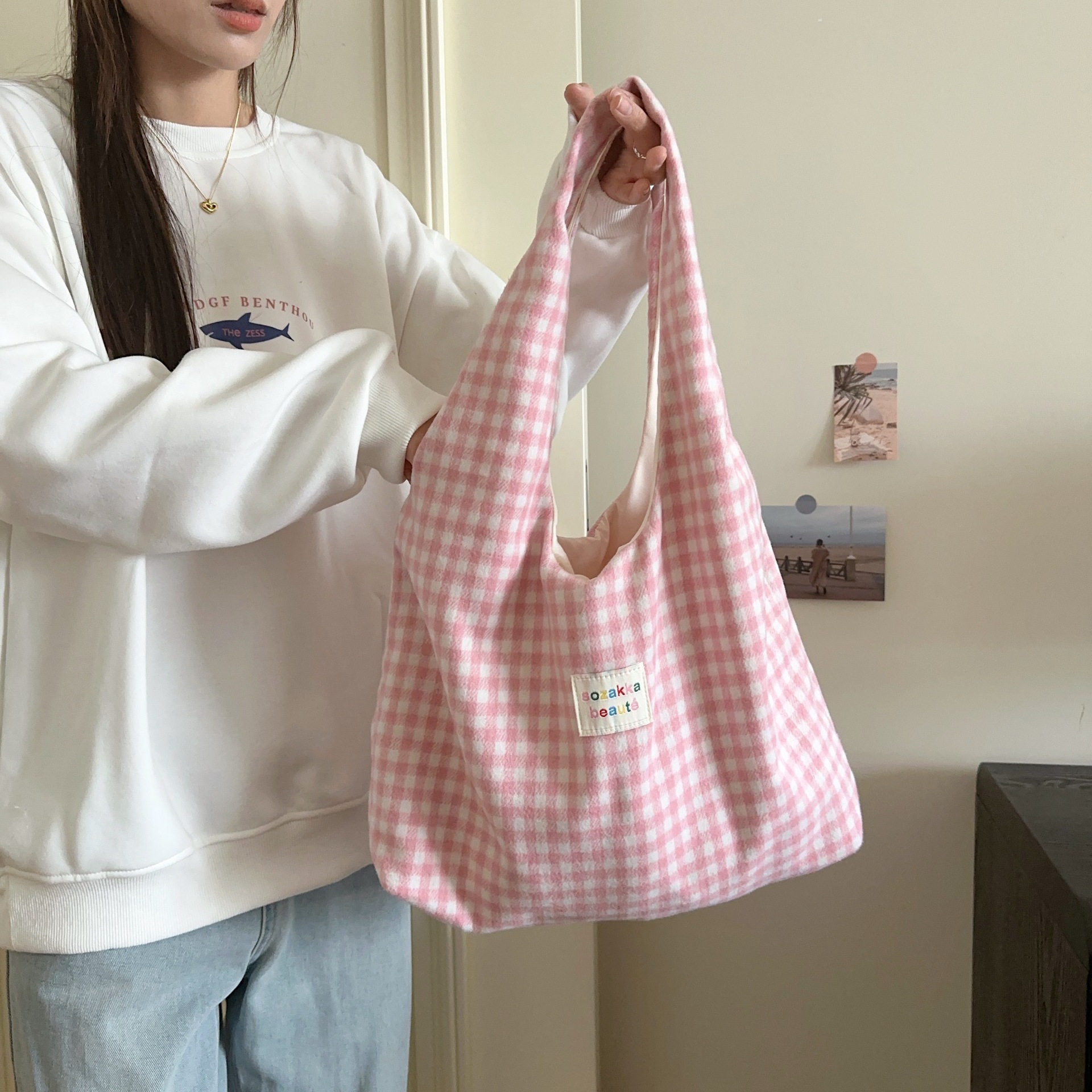 Pink Gingham Hobo Tote Bag Large Capacity Casual Shoulder Purse_voghion.com