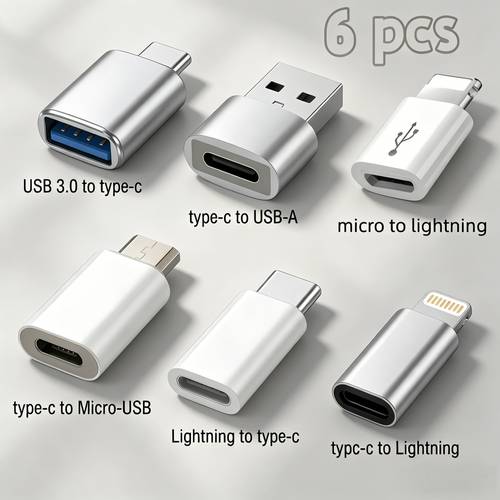 6 in 1 charging adapter kit all in one usb c lightning micro usb converter set charging data sync for iphone ipad portable travel essential