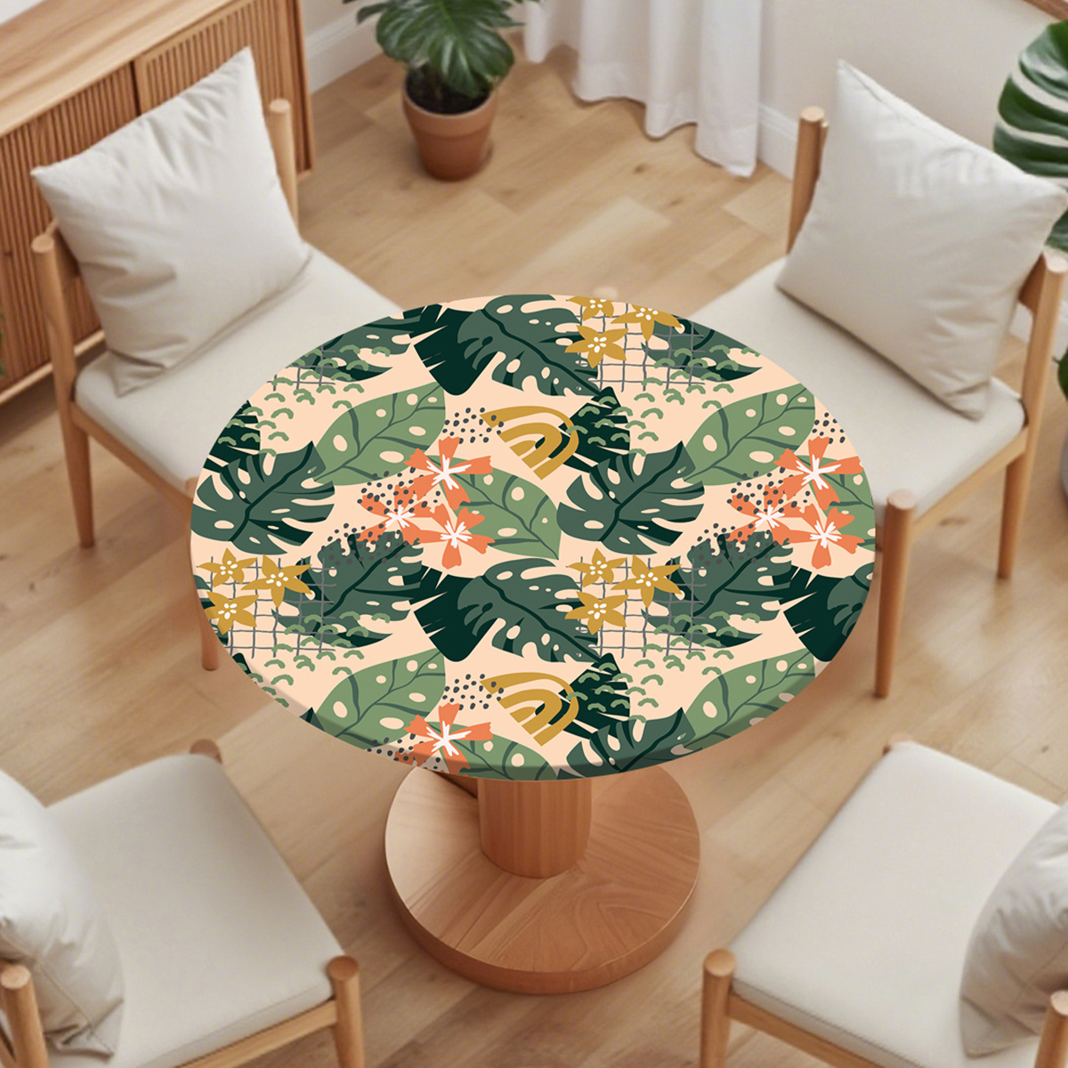 TEMU 1pc Round Tablecloth, Elastic Waistband Table Cover, Creamy Tropical Floral Printed Round Tablecloth, With Orange- , Elastic Non-slip Fit