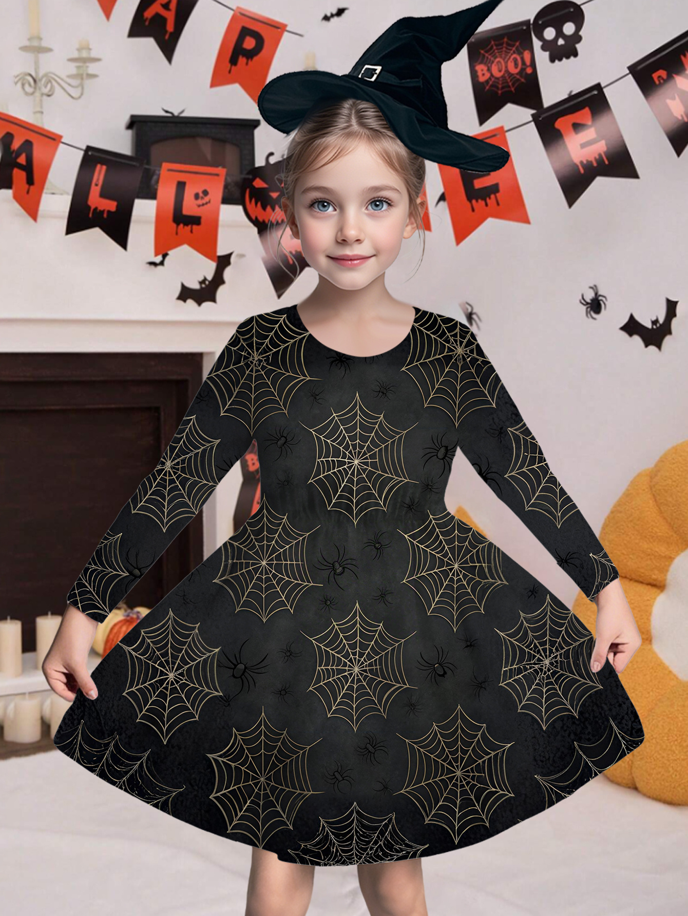 girls black golden spider web bat print short sleeve dress a - Temu Qatar
