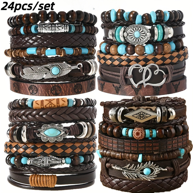 TEMU 24pcs Bohemian Western Turquoise Bead & Bracelet Suitable For Daily Wear - Woven Neutral Retro Jewelry With Flower Pendant, Southwestern Gift,