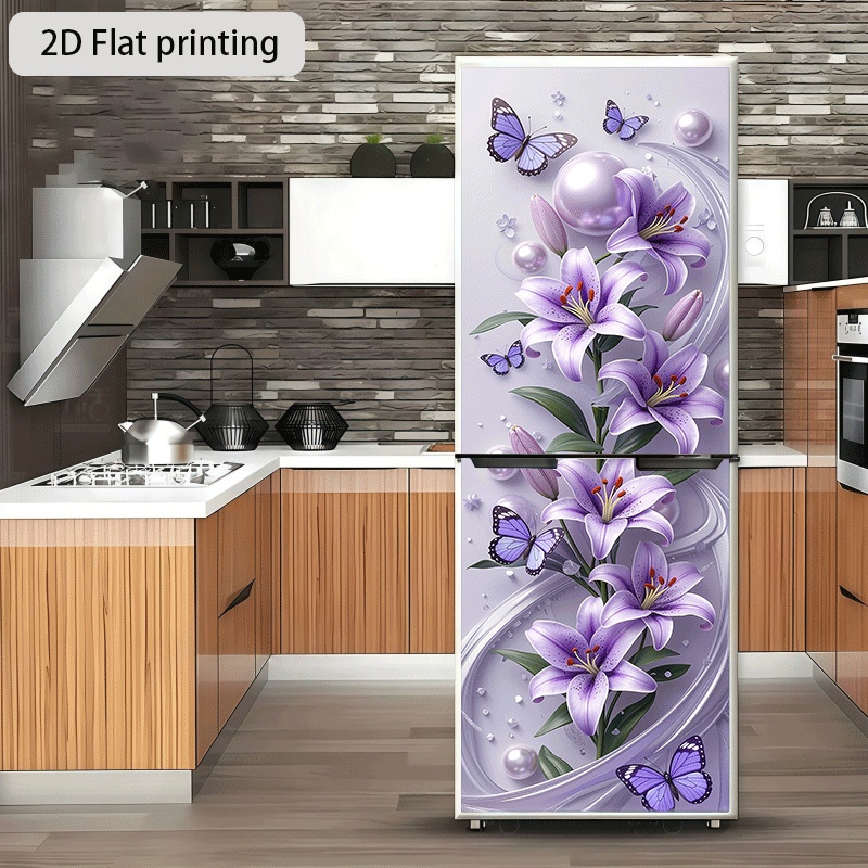 TEMU 1pc Of Refrigerator Sticker, 60Ã180 Cm, Featuring A Purple Lily Pearl Theme Design. Self-adhesive Wall Decoration Suitable For Cabinets And
