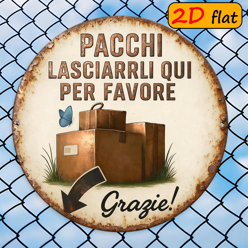 TEMU Piatto 2D, 2D/Piatto, 1 pz, Targa in Alluminio con Stampa "PACCHI LASCIARRLI QUI ", Design a Pacchi Impilati e Motivo a Blu, Targa da Esterno