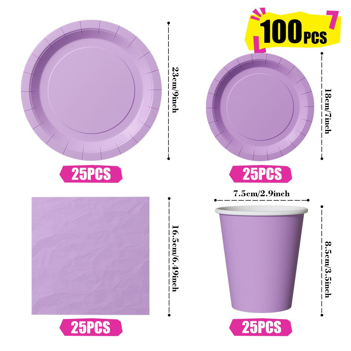 100pcs Solid Purple Disposable Paper Tableware Set, Tone Party Supplies Kit Including Paper Plates, Napkins & Paper Cups, Suitable For Birthdays, Weddings, Family Picnics, Large Group Gatherings