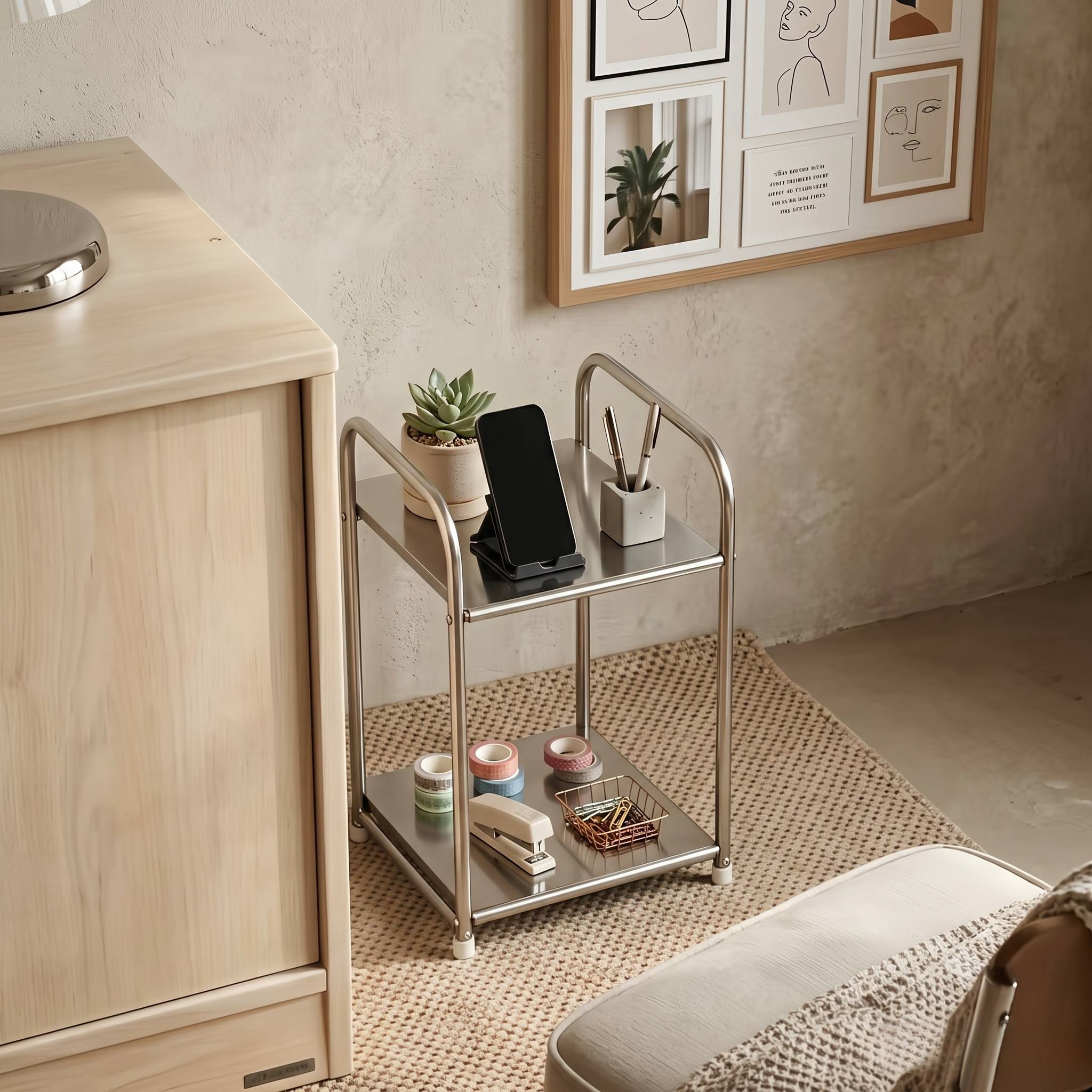 TEMU Ensemble de rangement , meuble de chevet moderne avec support de téléphone, table d'appoint argentée avec compartiment de rangement, étagère de