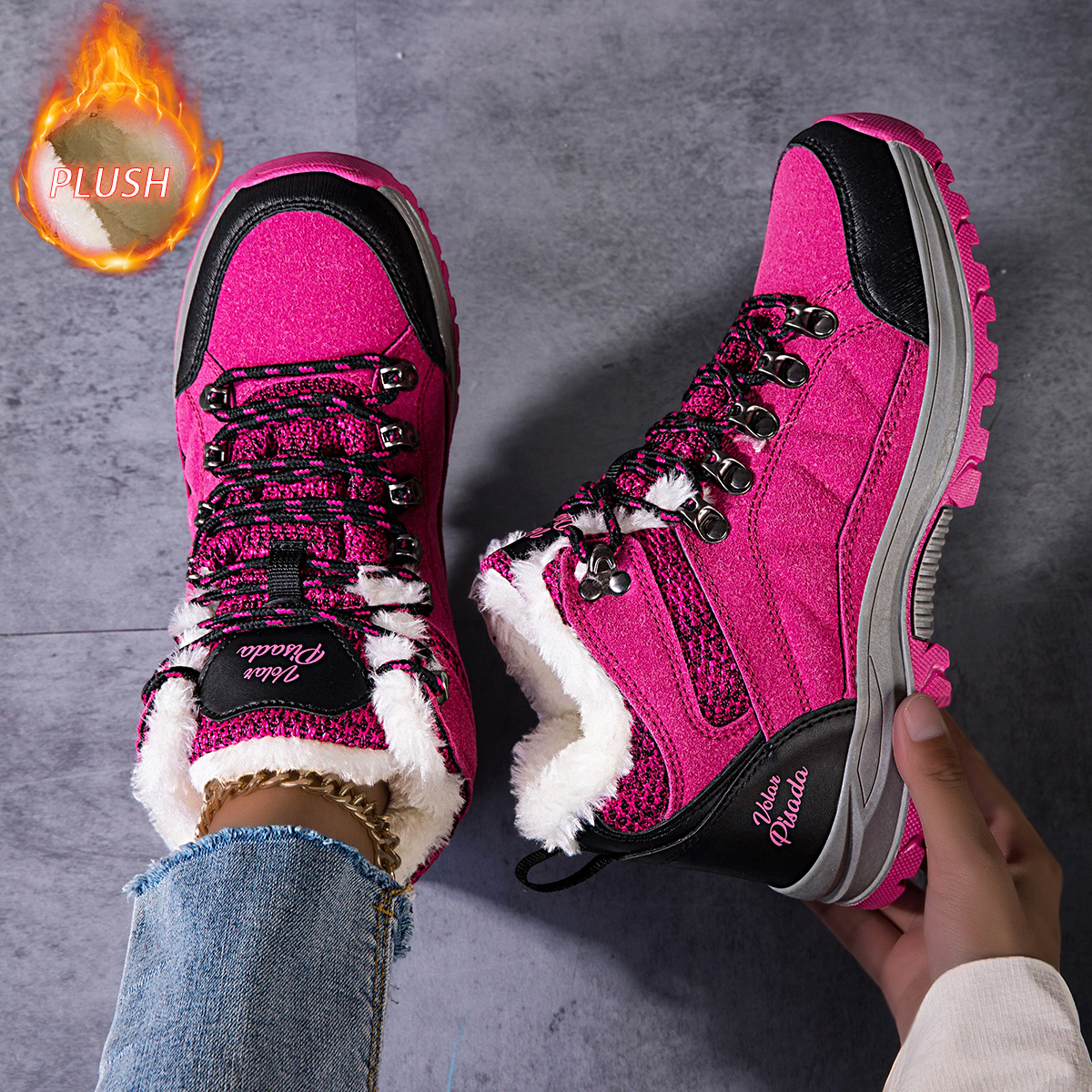 Image of Women Winter High Boots Lined Thickened Warm Anti Collision Toe Lace Up Design Suitable For Outdoor Hiking Mountaineering Camping Daily Shopping Wear Resistant Protective Winter Ankle Boots For Ladies