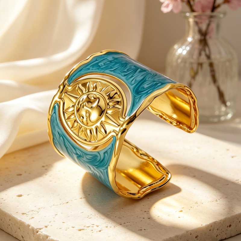 TEMU Bangle, 304 Stainless Steel Retro Enamel Sun God Relief Wide Band Open Bangle Multicolor Optional Daily Wear Vacation Atmosphere Accessory