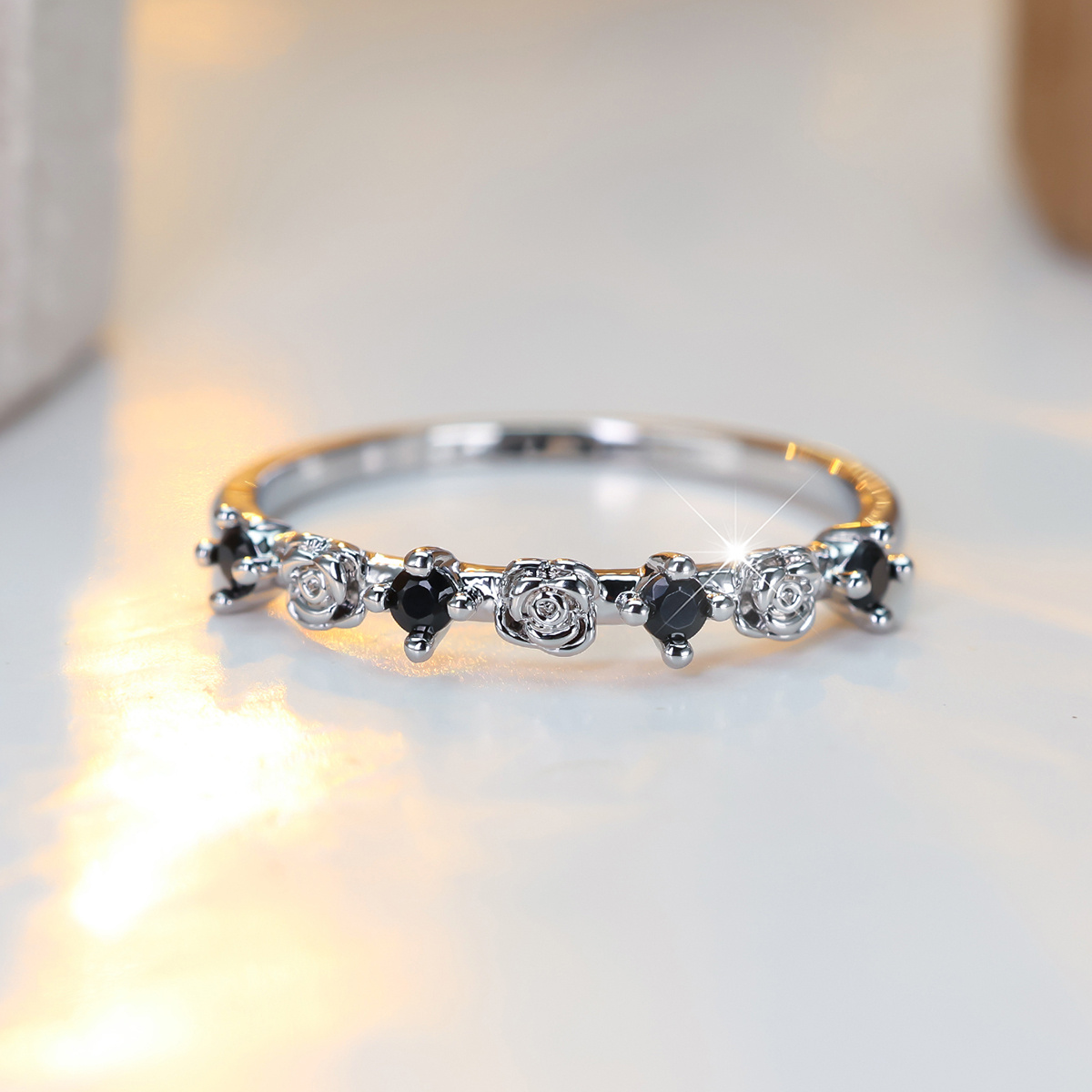 Women's Vintage Delicate Rose Stackable Band with Zirconia Inlay