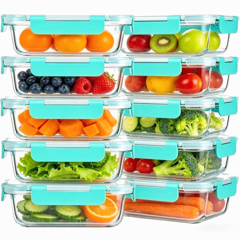 Image of 10pcs 22oz Glass Meal Prep Containers, Airtight Glass Food Storage Containers With Locking Lids, Leak Proof Glass Lunch Boxes, Microwave Oven Freezer Dishwasher Safe