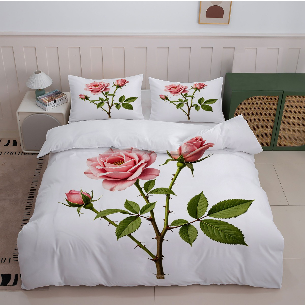 TEMU 3-teilige weiße Bettwäsche mit rosa Rosen-Aufdruck (1 Bettbezug + 2 Kissenbezüge, ohne Füllung) – für Schlafzimmerdekor