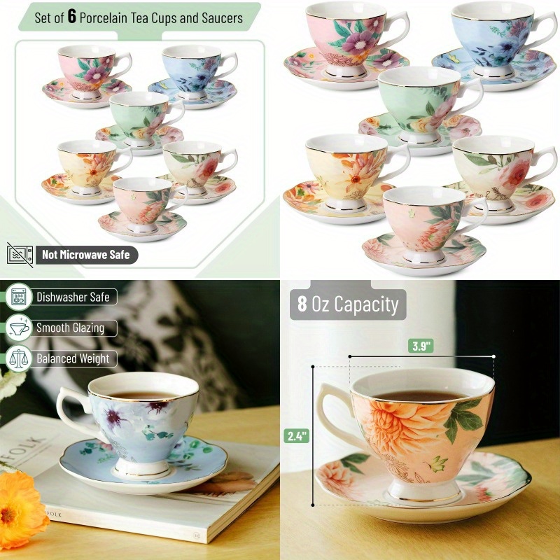 btat floral tea cups and saucers set of 6 8oz porcelain tea cups set of 6 pastel flower   with   dishwasher safe, tea cup and spoon set, porcelain tea cup, chinese tea ware, tea spoon set, tea cup set with spoon, home dining,  , elegant saucers,  , durable saucer,  , saucer set, tea accessories, home  ,  , coffee bar accessorie, coffee spoon, coffee scoop Product details 1