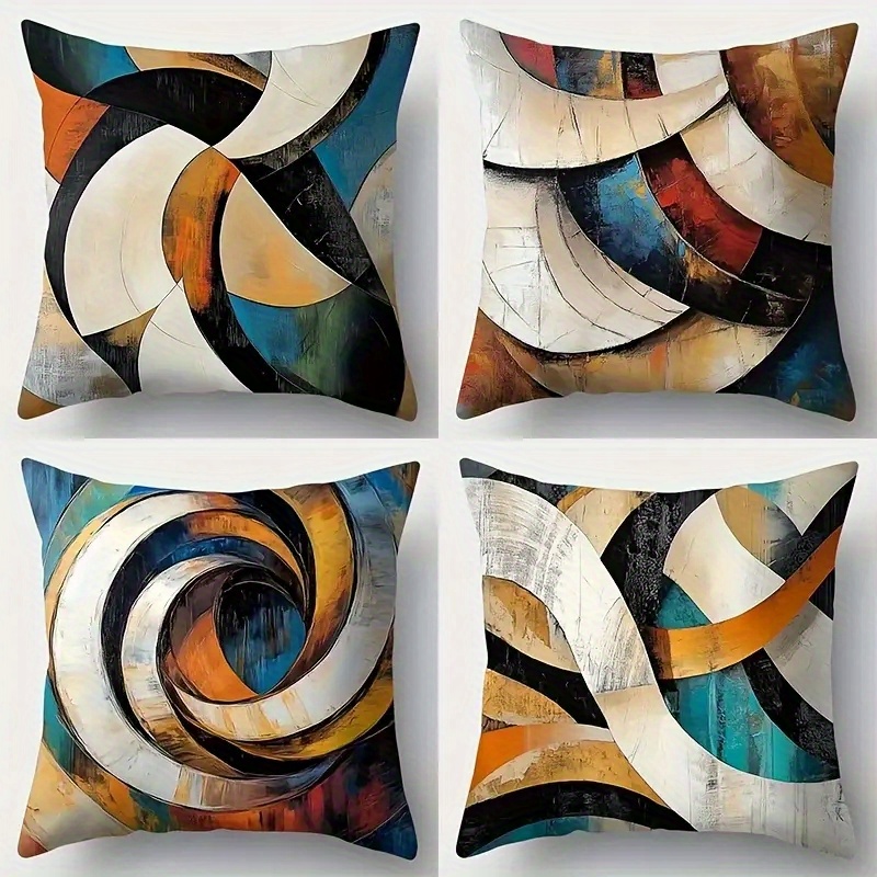 TEMU 4pcs Set Of Sofa Pillowcases, Modern Abstract Blue-gray-brown, 3 Sizes, Single-sided Print, Polyester, Hand Wash Only, Zipper Closure, Suitable