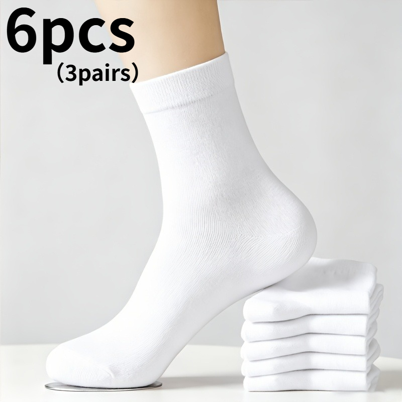TEMU White Mid-calf Socks 6pcs (3 Pairs) Set High Non-constricting Breathable Mid-calf Socks Matching Trousers Uniform Commute All-match Basic Socks