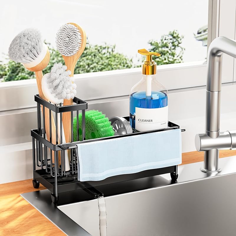 Kitchen Sink Storage Set- 6-in-1 Sponge Holder With Soap Dispenser| Stainless Steel Cloth Holder| Countertop Storage Solution Small Spaces(black)