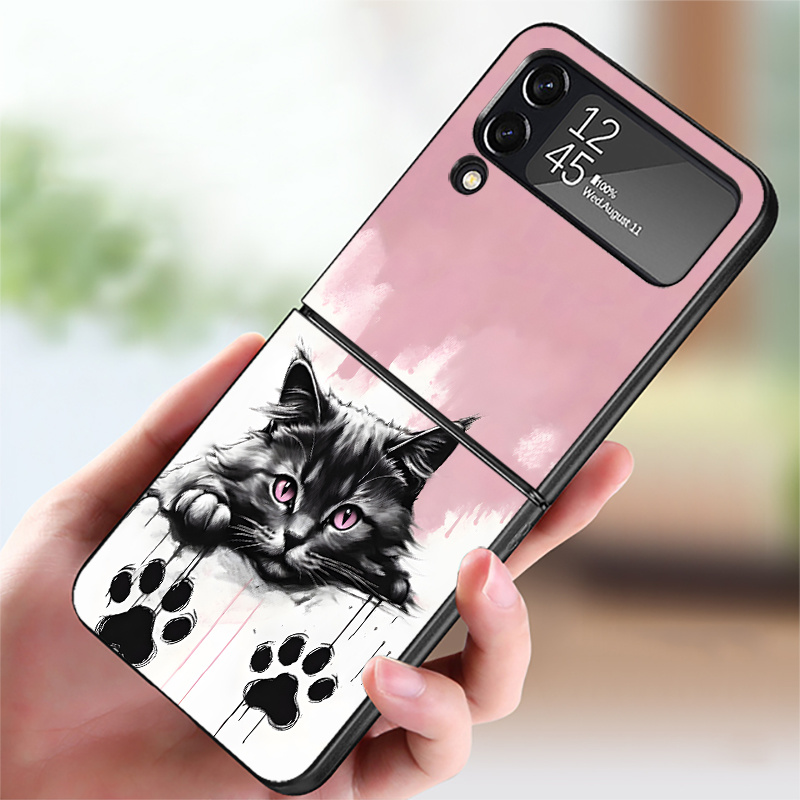 TEMU para Teléfono Compatible con for Samsung for Flip 7 6 5 4 3 Z FE Z Flip4 Cubierta Trasera Minimalista Gato