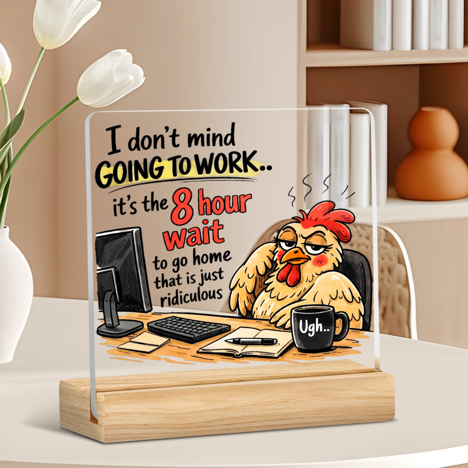 TEMU 2d Flat, 1pc Funny Chicken Office Plaque Suitable For Coworkers Colleagues Birthday Retirement Gift, Humorous Chicken Desk Decor With English