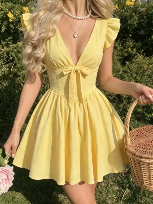 cute dresses for short women Osfvnoxv Cute Dresses for Petite Women Summer Pleated Bow Tie Front Mini Dress Sleeveless Cotton Linen Dress Birthday Gifts for Junior Girls 14-16,