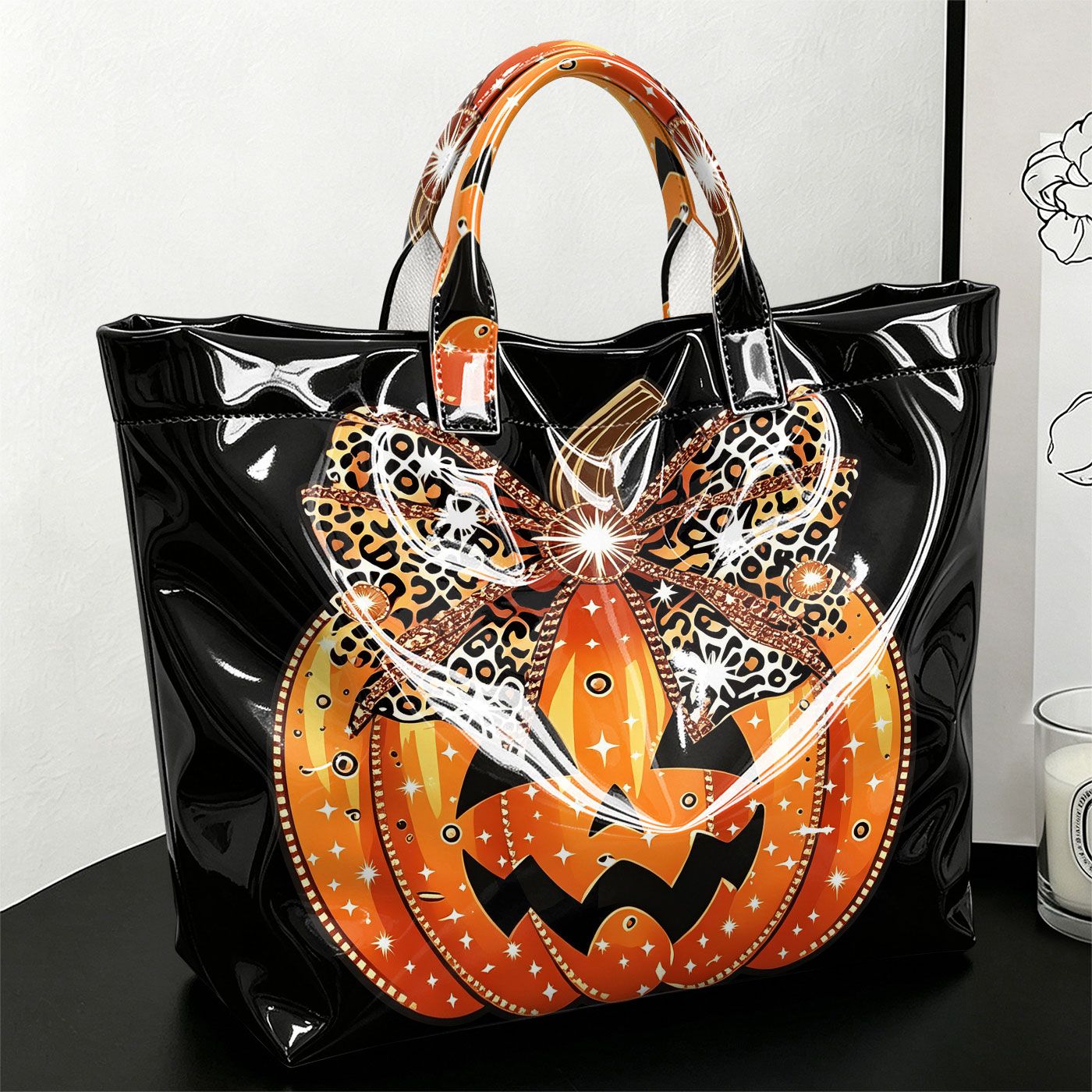 TEMU Women's Large High Quality /pvc Tote Bag Suitable For Halloween & Everyday Use - Glossy Zipper Closure Handbag With Pumpkin Print & Leopard ,