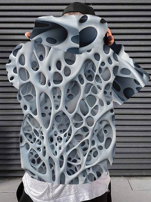 mens hooded gray white openwork textured sweater with intersecting holes resembling a sponge like structure machine washable suitable for casual occasions such as vacations travel and outdoor