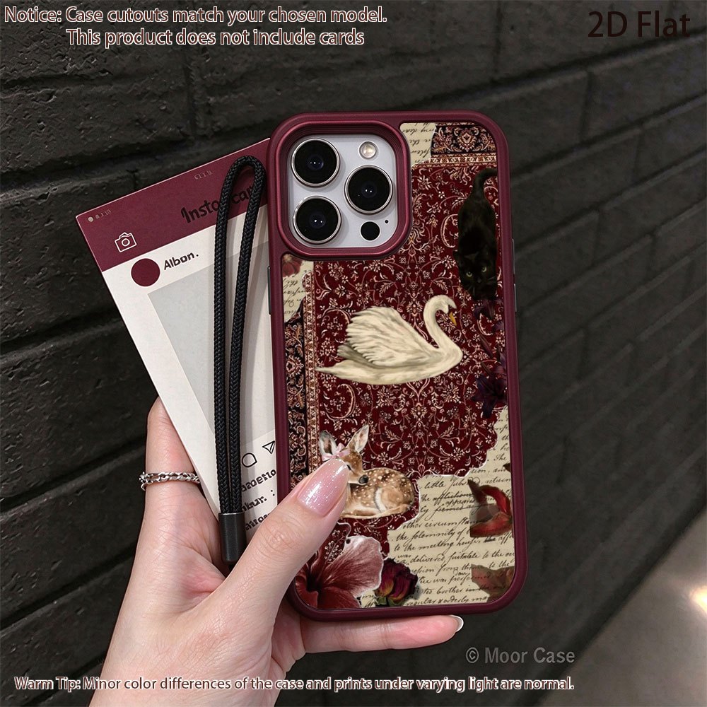 item picture phone case 2d flat phone case and lanyard   red phone case vintage collage swan cat   floral pattern pc material skin sensitive border two in one transparent back panel for iphone 18pro 17  16 15 14 13 12 series