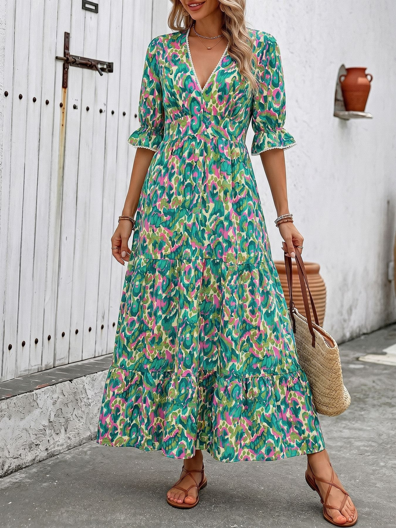 3/4 sleeve flowy dress Bohemian Summer Beach Dress – Sleeveless Floral Print V-Neck Flowy Max –  HighTouch main image 1