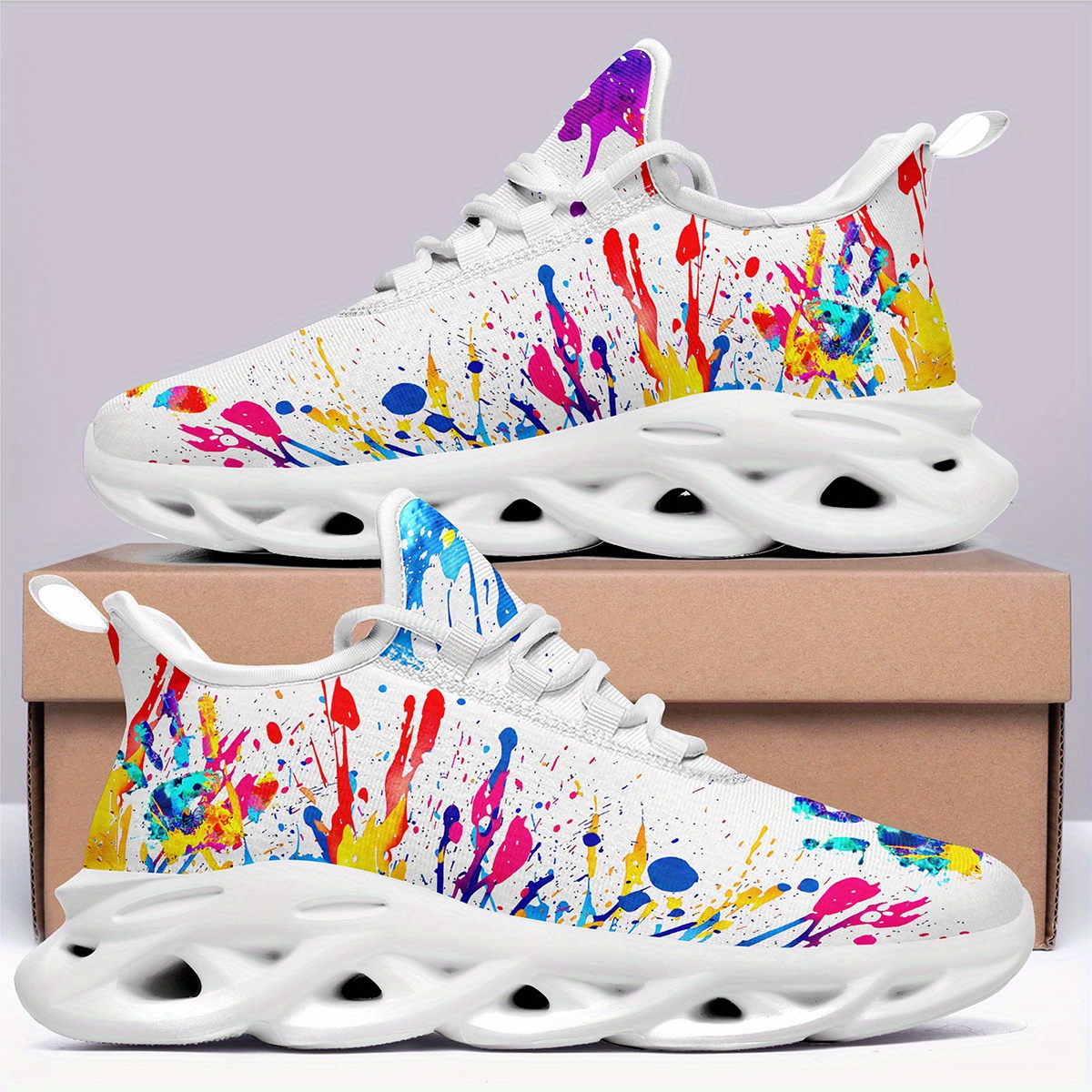 Men's Fashion Casual Sneakers, Colorful Splatter Design, Ultra-Light Twist Sole Comfortable Trainers, Trendy Shoes for Running Travel Streetwear and Everyday Style
