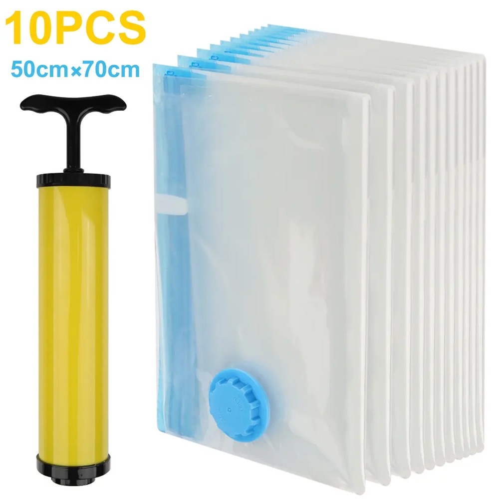 Set Of 10 Vacuum Storage Bags Including A Hand Pump, Convenient Plastic Bags For Travel, Suitable For Storing Blankets, Bedding, Clothing, Quilts, And Duvets, Perfect For And Maximizing Space